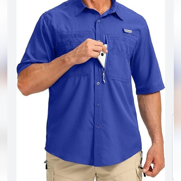 Men's Fishing Shirts with Zipper Pockets UPF 50+ Lightweight Cool Short Sleeve - Picture 2 of 15